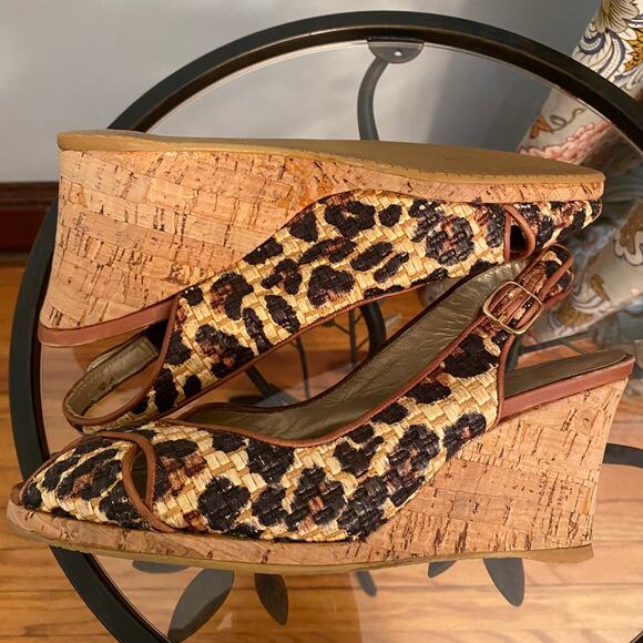 Stuart Weitzman animal print peep toe cork wedge shoes - Picture 6 of 14